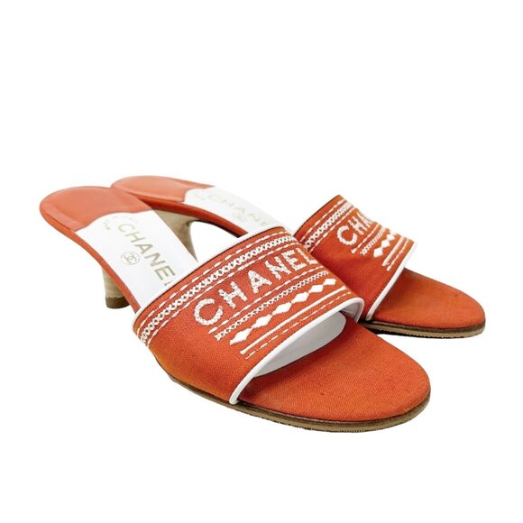 CHANEL Vintage Jacquard Logo Sandals #38.5 US7 Orange Embroidery Linen [103399] - Picture 1 of 10
